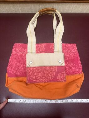 Fossil Lena Canvas Two-Tone Pink and Orange Tote Bag with Cream Handles